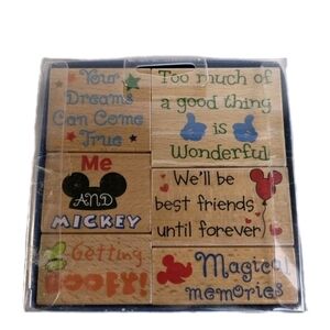 Disney Wood Mounted Rubber Stamp Set Of 6 Mickey Mouse Sentiments New